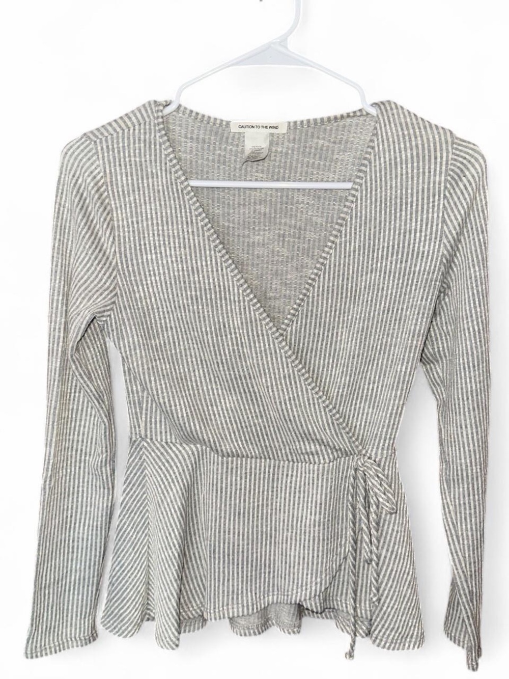 Caution To The Wind Gray Striped Wrap Peplum Top